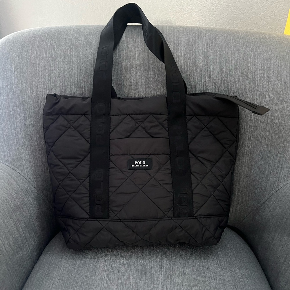 NWOT Polo Ralph Lauren Quilted Puffer Bag Tote Zipper Women’s Black Logo